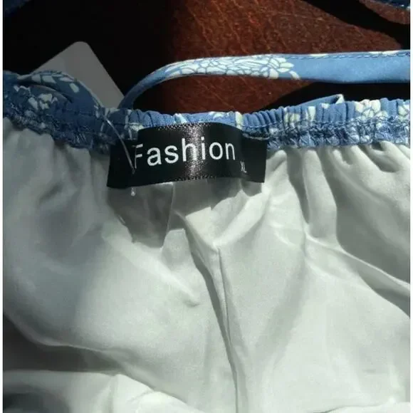 NWT Blue White Floral Spaghetti Strap Flowy Wide Leg Pantsuit Jumper Jumpsuit XL - Picture 14 of 16